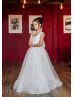 V Neck Ivory Tulle Pearls Floor Length Flower Girl Dress